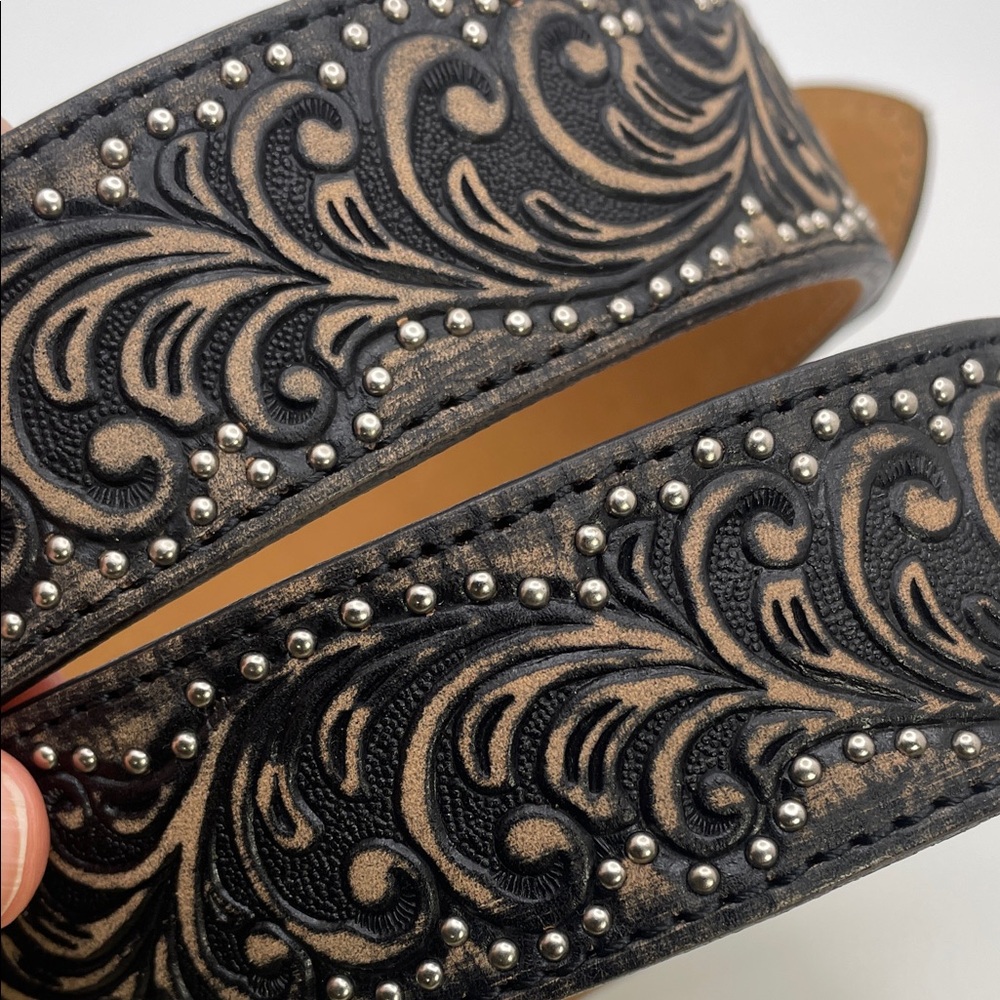 Crystal AB aurora borealis leather tooled western Black Embellished Belt - Picture 6 of 17